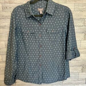 Chico’s Blue Dot Button Up Size-0 Long or Tab Sleeves Pockets Soft‎ 100% Cotton